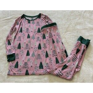 Little Sleepies Girls Pajama Set Size 9/10 Pink Christmas Trees Two Piece Bamboo
